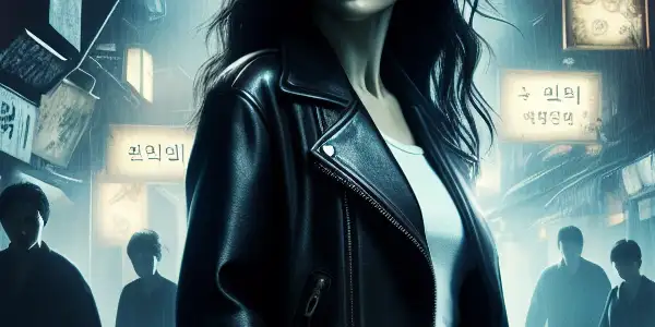 A fierce woman stands in a dimly lit urban alley, ready to confront gangsters while protecting her family.