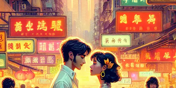 A romantic moment between two young lovers in vibrant 1980s Hong Kong, surrounded by neon signs and bustling streets.