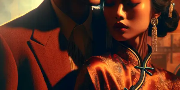 A passionate embrace between a man and woman in 1980s attire, set on a vintage Hong Kong film set.