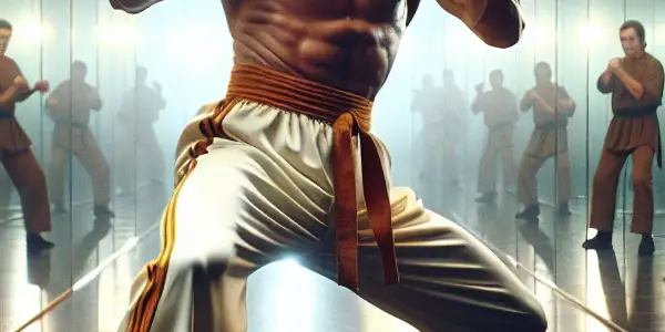 Bruce Lee in a fierce martial arts pose, surrounded by reflections in a dimly lit mirror room, hinting at adversaries.