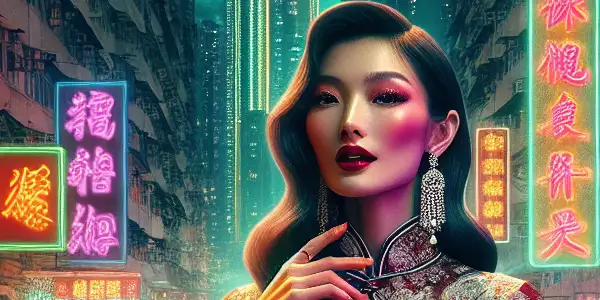 A glamorous actress in traditional attire stands on a neon-lit Hong Kong street, surrounded by vibrant nightlife and a vintage cinema marquee.<a href=