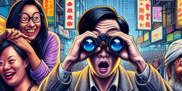 A humorous urban scene in Hong Kong featuring a curious man with binoculars, surrounded by diverse, lively characters.