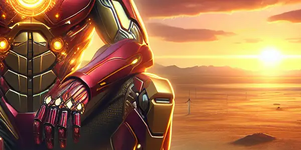 Tony Stark in his Iron Man suit stands confidently on a rocky outcrop against a dramatic sunset, surrounded by high-tech gadgets.