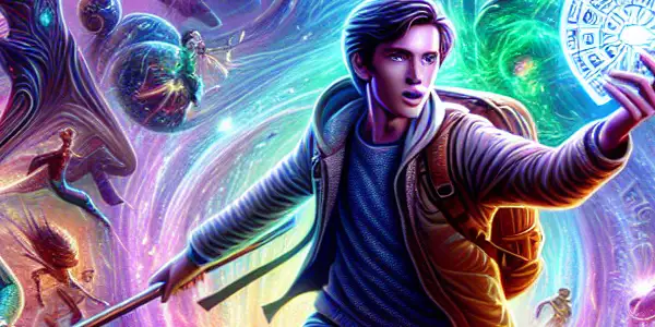 A young adventurer holds a glowing lottery ticket amidst iconic characters and landscapes from various movie worlds.