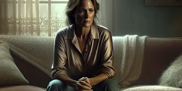 A middle-aged woman sits in a dim living room, reflecting on family duties and personal desires amidst emotional turmoil.