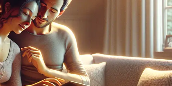 A warm living room scene with a kind woman sharing a heartfelt moment with her brother-in-law.