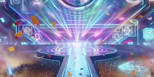 A vibrant, futuristic launch event for the 2026 Adult Premiere, featuring a diverse crowd and high-tech elements.