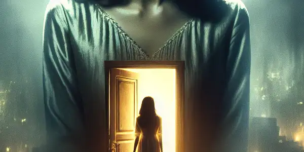 A young woman stands apprehensively at a dimly lit doorway in a shadowy urban alley at night.