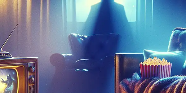 Cozy living room with vintage TV, suspenseful film, popcorn, and soft lighting, evoking a thrilling midnight movie experience.