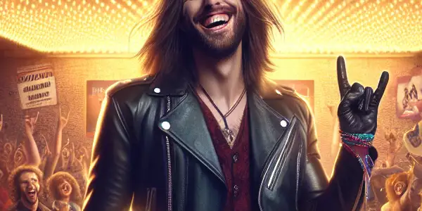 A lively outdoor movie premiere featuring rock singer 梁龙, surrounded by fans, colorful lights, and playful film props.