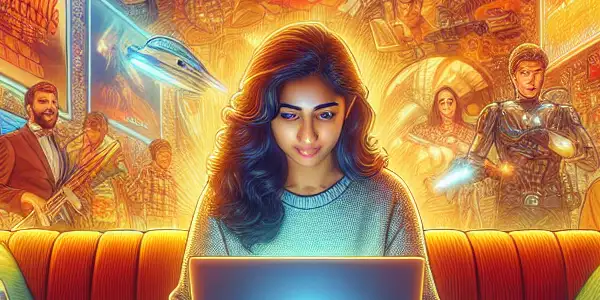 A young adult enjoys a movie downloading experience in a cozy living room, surrounded by film memorabilia and popcorn.