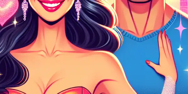 A vibrant movie poster for "My Busty Girlfriend," featuring a charming couple in a colorful cityscape, exuding romance and humor.