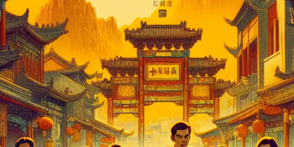 A vibrant 1970s Chinese street scene featuring youth, bicycles, traditional architecture, and dramatic martial arts action.