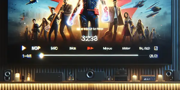 A cozy living room featuring a high-definition screen with a colorful movie poster, popcorn, and streaming platform logos.