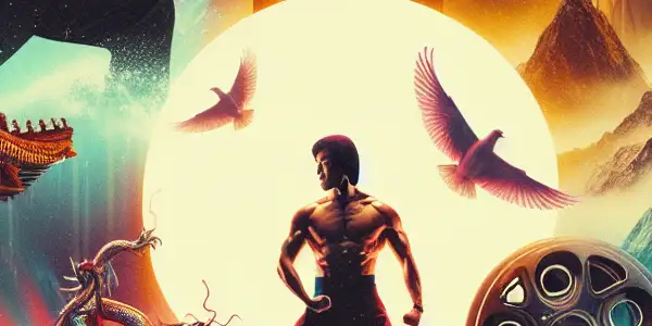 A vibrant collage featuring iconic martial arts characters, nostalgic urban landscapes, and elements of classic 80s and 90s films.