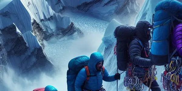 A group of climbers, led by a determined figure, ascends the perilous cliffs of Mount Everest amidst swirling clouds.