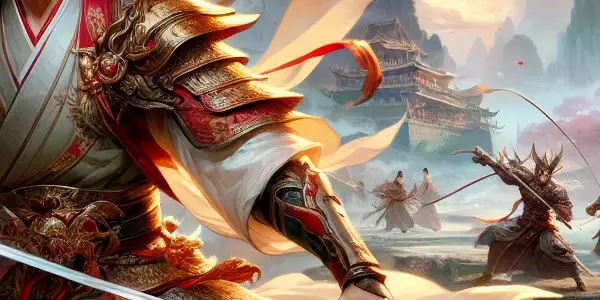 Zhang Wuji in martial arts attire wields a sword amidst cherry blossoms, with rival fighters dueling in a serene landscape.