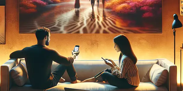 A cozy living room scene with a diverse couple watching a mobile device, surrounded by technology and warm decor.