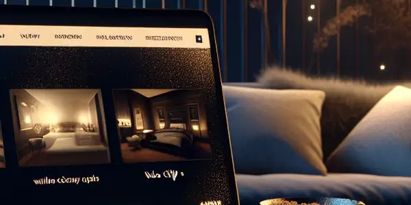 A sleek digital interface showcasing adult entertainment categories on a laptop and smartphone in a cozy, inviting setting.