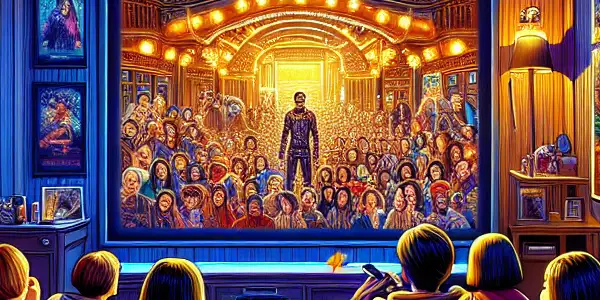 A cozy movie night in a living room with friends enjoying a classic Chinese film and snacks.