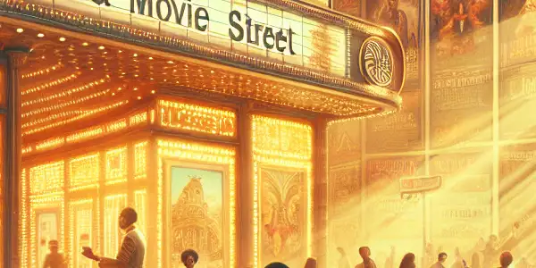 A lively virtual cinema street filled with movie posters, diverse film enthusiasts, and a warm, inviting atmosphere.
