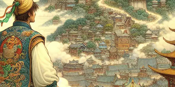 A young Daoist priest stands at a misty mountain's foot, gazing at a vibrant village during China's Republican era.