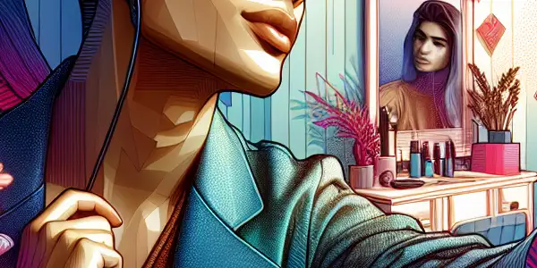 A young adult taking a confident selfie in a cozy, stylish room filled with warm lighting and personal decorations.