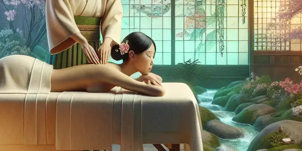 A tranquil Japanese spa scene with a therapist in a kimono giving a relaxing massage amidst lush greenery.