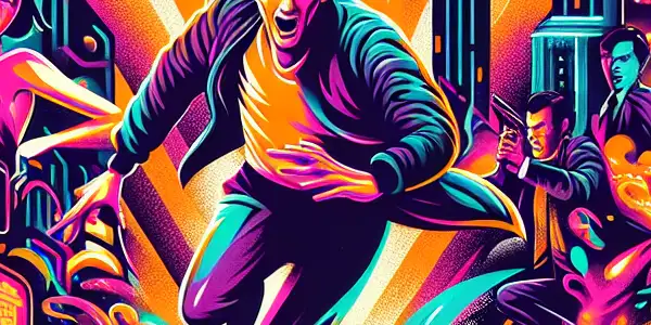 A vibrant movie poster featuring humorous chase scenes with iconic characters set against a lively Hong Kong cityscape.<a href=