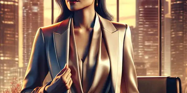 A confident female boss in a modern office, exuding charisma and authority amidst a bustling corporate environment.