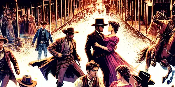 A vibrant scene featuring diverse characters expressing strong emotions in various passionate poses, highlighting the essence of Western adult films.