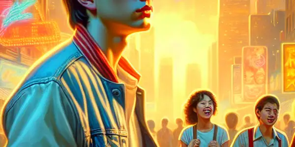 A nostalgic 1980s urban scene featuring a young adult reflecting on dreams, surrounded by friends and vibrant city life.