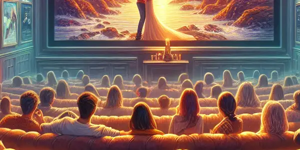 A cozy home theater with diverse film enthusiasts watching a romantic movie, surrounded by plush seating and movie posters.