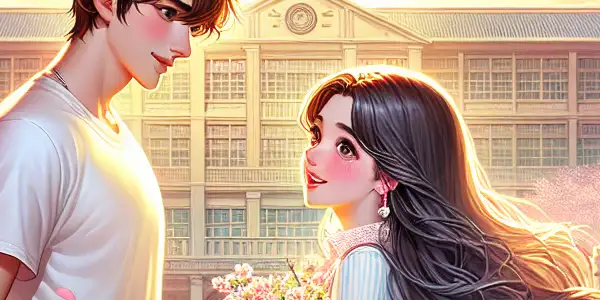 A romantic moment between two high school students under blooming cherry blossoms in a vibrant courtyard.