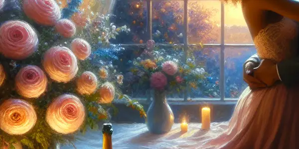 A cozy bedroom scene with a newlywed couple embracing, surrounded by fairy lights and a starry night sky.