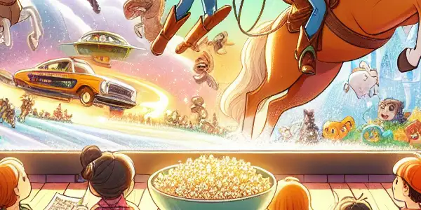 A cozy living room featuring iconic animated characters celebrating friendship and imagination with a movie screen and playful decor.