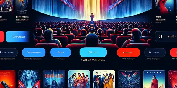 A modern movie streaming platform interface displaying vibrant film thumbnails and a cozy virtual audience enjoying films.