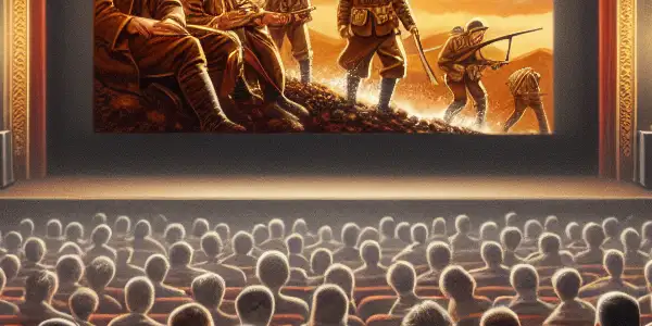 A vintage theater scene showcasing enthusiastic moviegoers watching a dramatic war film, evoking classic Albanian cinema nostalgia.