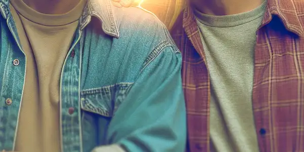Two middle-aged men in a nostalgic park, one with a guitar and the other with a cassette player, reflecting on their youth.