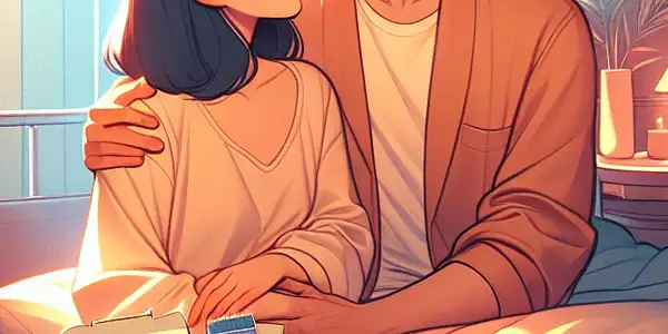 A diverse couple in a cozy bedroom, embracing with a box of condoms on the bedside table, conveying intimacy and responsibility.