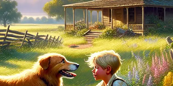 A young boy kneels beside his loyal dog on a sunny 19th-century Texas farm.