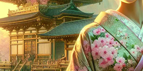 A serene Japanese landscape featuring a beautiful woman in a kimono among cherry blossoms and traditional architecture.