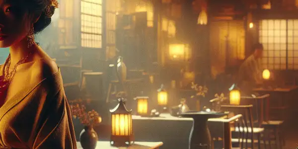 A vintage Japanese film set featuring Ai Iijima mid-performance, surrounded by traditional decor and film production elements.