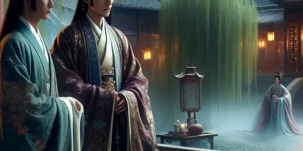 Emperor Qianlong interacts with a graceful woman amidst a lush 18th-century Jiangnan landscape, hinting at a secretive relationship.