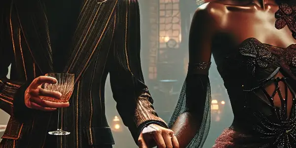 A vibrant film set featuring confident characters in elegant outfits, exuding sensuality and artistic allure.