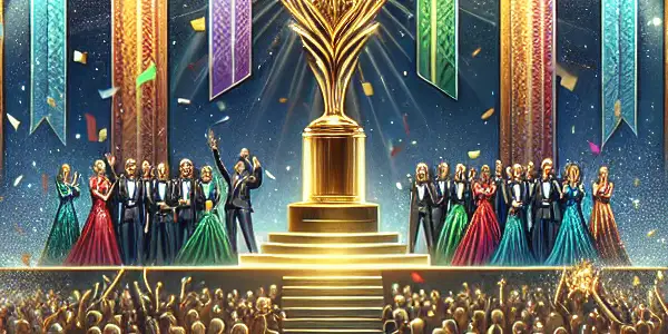 A glamorous awards ceremony for adult entertainment, featuring a grand stage, diverse presenters, and an excited audience.