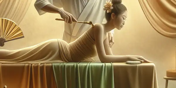 A serene spa scene featuring a practitioner performing Gua Sha on a blissfully relaxed female model, surrounded by natural elements.
