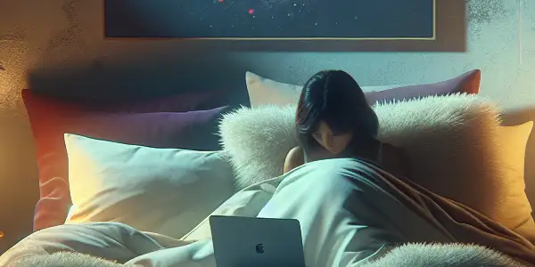 A cozy bedroom scene with a person under a comforter, laptop glow, tea, and soft lighting.