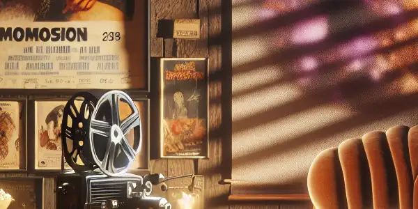 A cozy vintage viewing room with an elegant armchair, film projector, and abstract sensual visuals on screen.