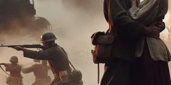 A passionate embrace between a soldier couple amidst the chaos of the Chinese Civil War battlefield.<a href=